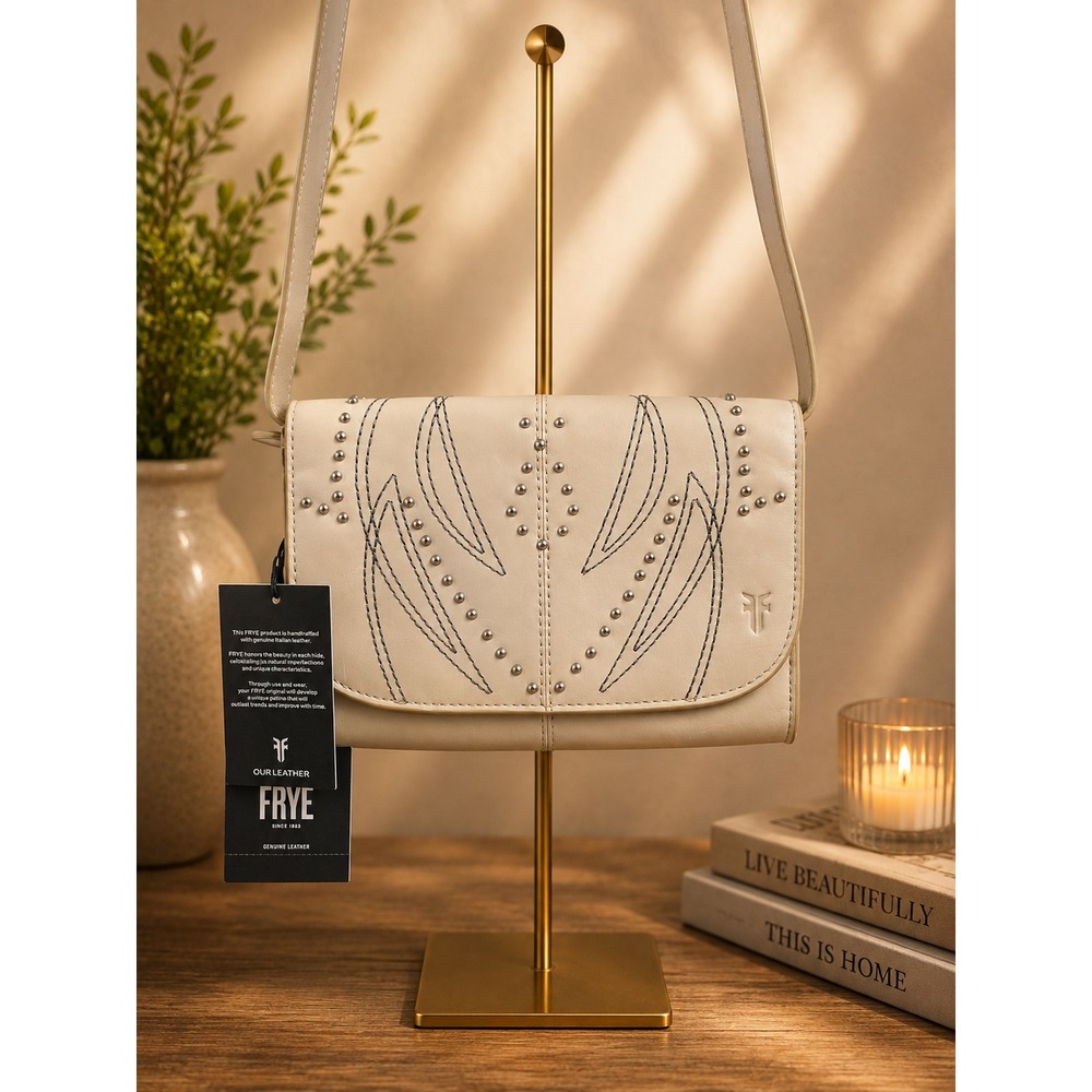 Frye Sara Wallet Crossbody Bag Oat Leather Studded Western DB1576 NEW